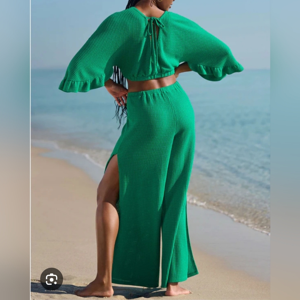 VENUS Women's Swimsuit Waffle Knit Cover-Up Pants And Top Set Sz XL Green - Picture 2 of 15